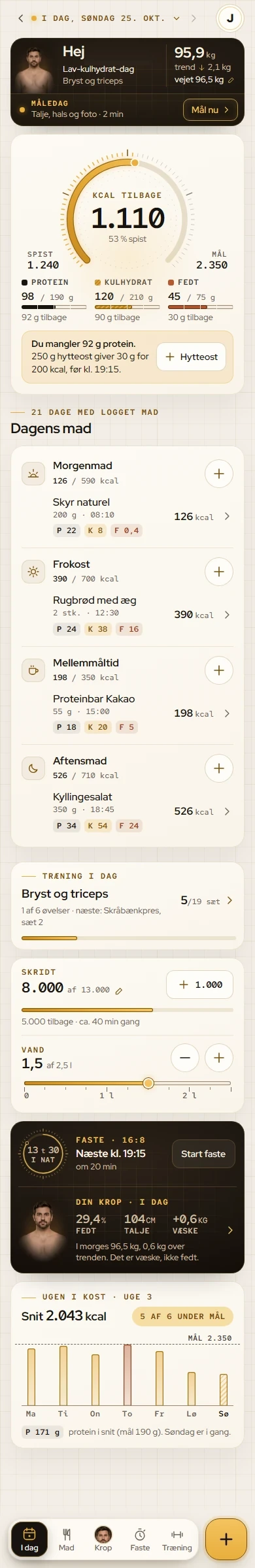 Fitvio-skærmen I dag med kalorie-ur, makroer og dagens måltider.