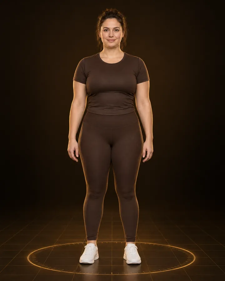 Kvinde i dag, med en blødere og fyldigere krop, i brun t-shirt og leggings.